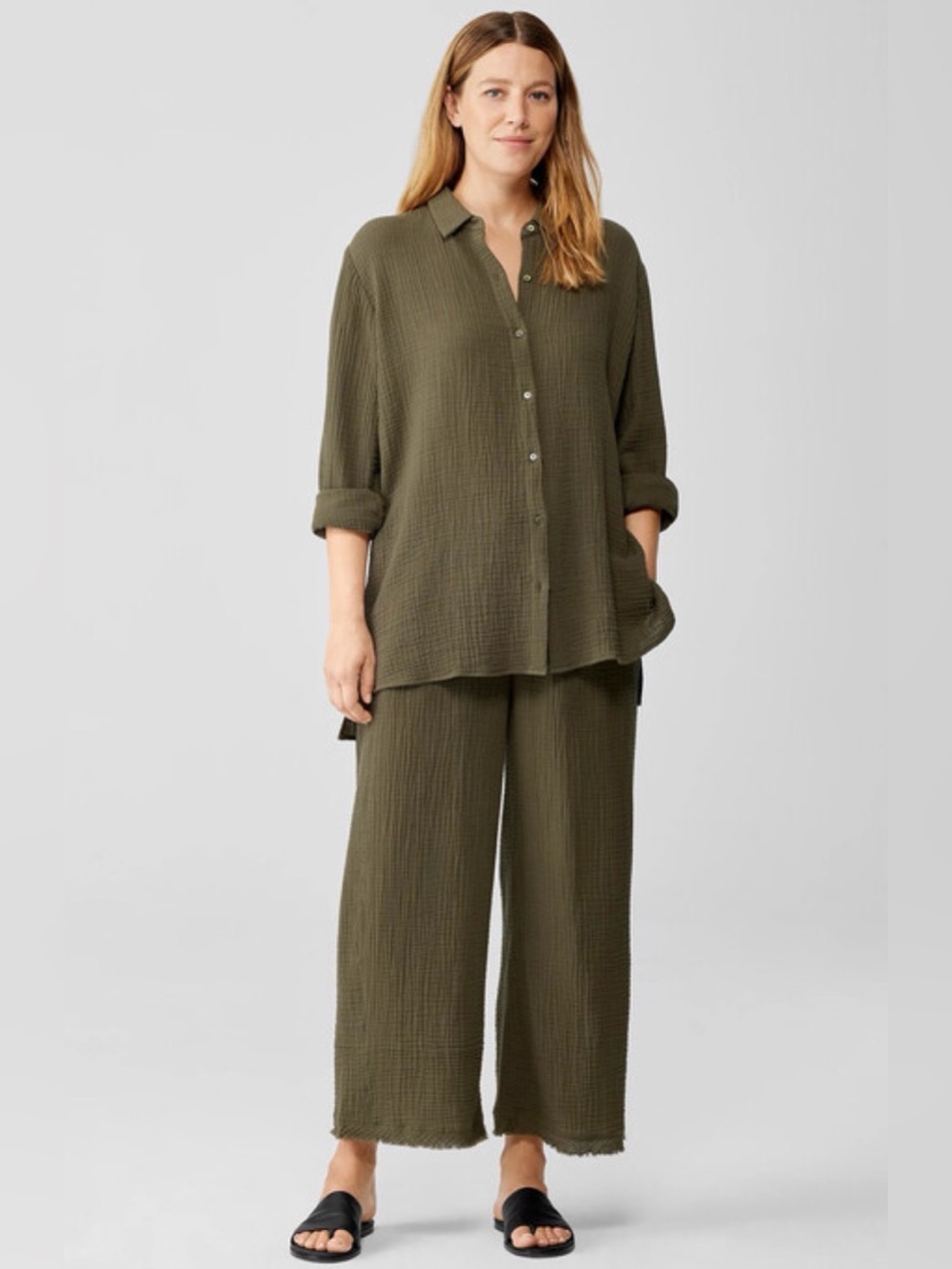 Eileen Fisher Organic cotton gauze wide leg olive green set size M/L